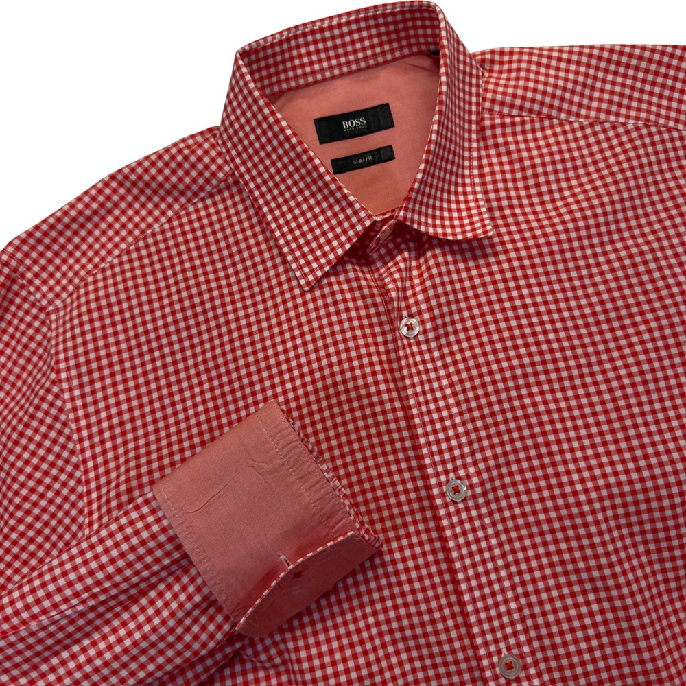 BOSS Hugo Boss Gingham Shirt Men's M Slim Fit Red White Cotton Button Down